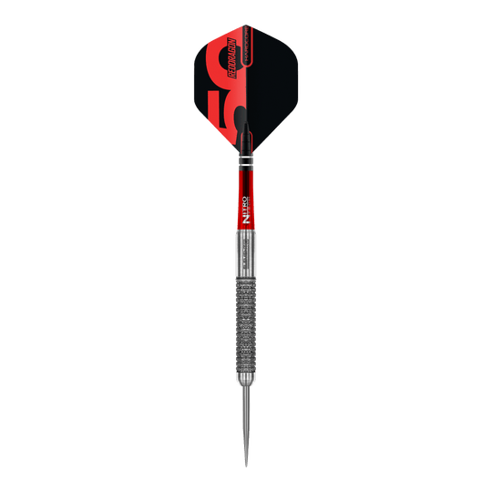 Red Dragon 50 Year Collection Element 6 B Steeldarts - 24g in Nahaufnahme. Das Bild zeigt das Design und die Details des Steeldarts.
