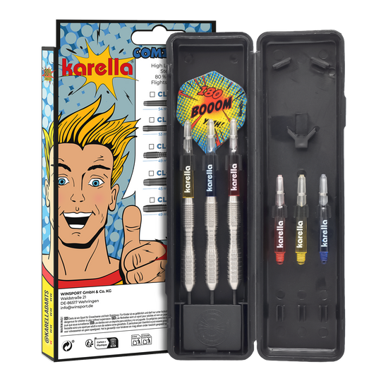 Die Abbildung zeigt die Karella Comic Line CL-3 Steeldarts mit einem Gewicht von 24g. Die Darts sind für den professionellen Einsatz geeignet und haben ein ansprechendes Design.