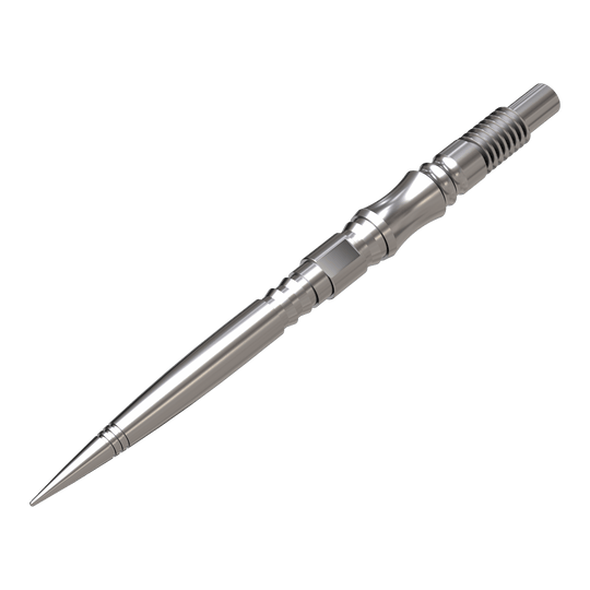 Harrows Quick Point Axis Elite Series Dartspitzen - Silber Es sind mehrere silberne Dartspitzen zu sehen. Sie sind parallel und gleichmäßig aufgereiht.