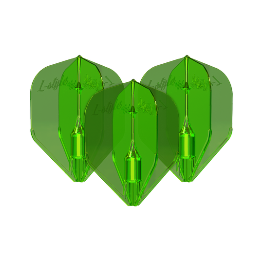 Lotki L-Style Fantom L3EZ Zielone Das Bild zeigt drei grüne L-Style Fantom L3EZ Flights für Dartpfeile. Die Flights sind durchsichtig und haben eine glänzende Oberfläche.