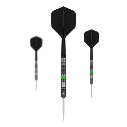 Stalowe lotki Target Japan Black Marque Lightning 3 SP Das Bild zeigt drei Target Japan Black Marque Lightning 3 SP Steeldarts mit schwarzem Flight und silber-grünem Barrel. Die Darts sind modern gestaltet und besitzen eine schlanke, spitze Spitze.