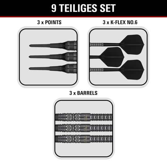 Lotki miękkie Target Black Marque Creed - 21,5 g Produktbild der Target Black Marque Creed Softdarts mit einem Gewicht von 21,5g. Die Darts sind auf hellem Hintergrund abgebildet.