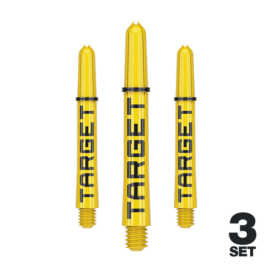 Das Bild zeigt drei gelbe Dart-Schäfte mit der Aufschrift "TARGET". Unten rechts steht "3 SET", was auf ein Set mit drei Stück hinweist.