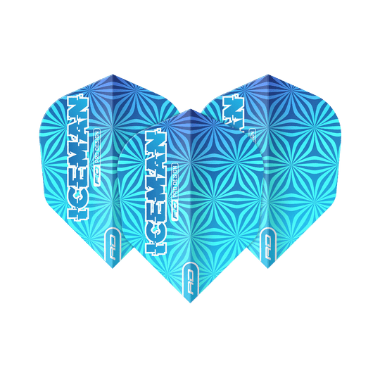 Red Dragon Gerwyn Price Iceman Niebieski No6 Loty Das Bild zeigt drei blaue Dart-Flights mit geometrischem Muster und der Aufschrift "ICEMAN". Die Flights tragen das Logo "Red Dragon" und sind das Modell "Gerwyn Price Iceman Blue No6".
