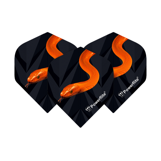 Das Bild zeigt drei Dart-Flights mit einem auffälligen orangefarbenen Mamba-Schlangenmuster auf schwarzem Hintergrund. Unten rechts ist das "Powerflite"-Logo zu sehen.