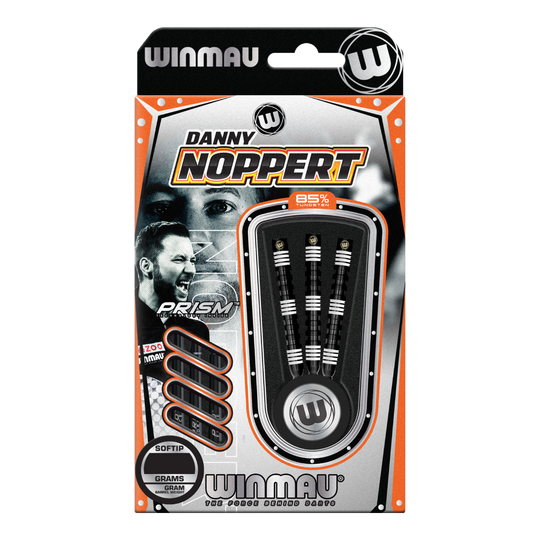 Das Bild zeigt eine Verpackung der "Winmau Danny Noppert 85 Pro-Series Softdarts - 20g". In der Verpackung sind drei schwarze Softdarts mit weißen Ringen sichtbar.