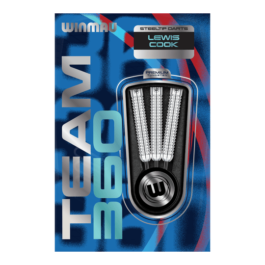 Lotki stalowe Winmau Team 360 Lewis Cook - 23 g Das Bild zeigt Winmau Team 360 Lewis Cook Steeldarts mit einem Gewicht von 23g. Die Steeldarts sind detailliert von der Seite abgebildet.