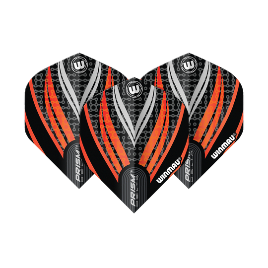 Winmau Prism Delta Czarno-Biało-Pomarańczowy Nr 2 Standardowe Loty Das Bild zeigt drei Dart-Flights des Modells "Winmau Prism Delta" in Schwarz, Weiß und Orange. Die Flights haben ein modernes Design mit auffälligen orangefarbenen und silbernen Streifen.