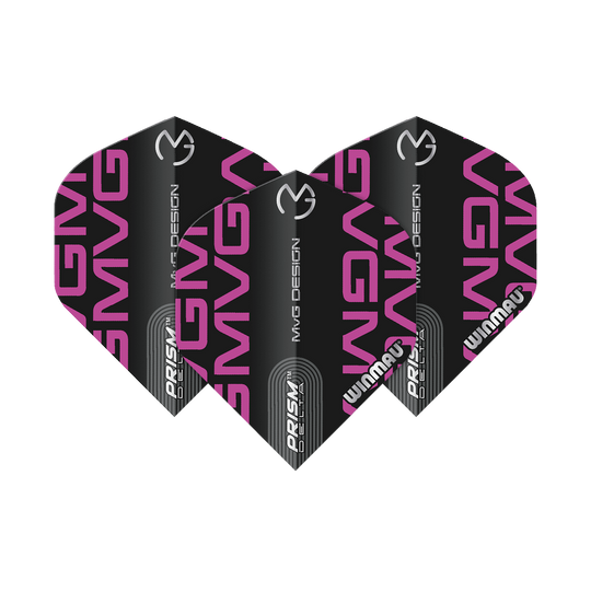 Auf dem Bild sind drei Winmau Prism Delta MvG BlackPurple Logo Standard Flights zu sehen. Sie sind schwarz mit lila Schrift und tragen das Winmau- sowie das MvG-Logo.