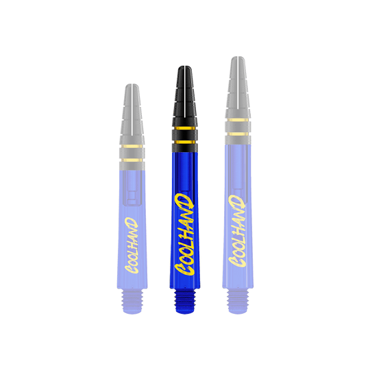 Red Dragon Nitrotech Luke Humphries Coolhand Shafts - Niebieski Auf dem Bild sind drei blaue Dart-Schäfte mit der gelben Aufschrift "COOLHAND" zu sehen. Die Schäfte haben schwarze und goldene Akzente am oberen Ende.