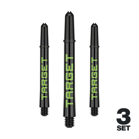 Wałki Target Pro Grip TAG – 3 zestawy – czarno-zielone Mehrere Dart-Schäfte mit glatten Linien und dezenter Farbe sind abgebildet. Das Produkt ist ordentlich arrangiert.
