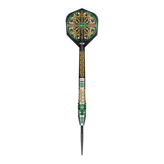 Das Bild zeigt ein Set Shot Celt Cernunnos TurboPoints Steeldarts. Die Darts sind in einer Linie angeordnet.