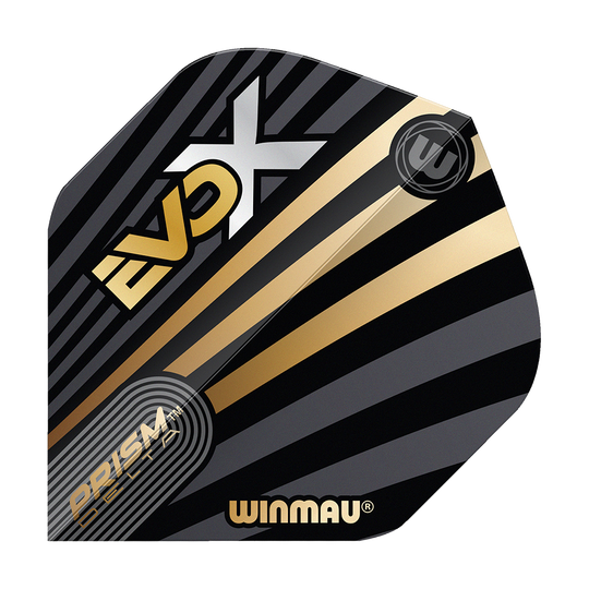 Winmau Prism Delta MvG Evo-X No2 Standard Flights Das Bild zeigt ein Winmau Prism Delta MvG Evo-X No2 Standard Flight. Das Flight ist schwarz mit goldenen und grauen Streifen sowie dem Schriftzug "EVO-X" und "WINMAU".