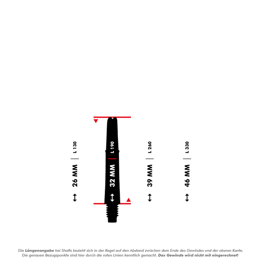 Das Bild zeigt eine schematische Darstellung eines Dart-Schafts mit Maßangaben. Es werden verschiedene Längen in Millimetern angegeben, die zwischen den roten Linien gemessen werden.