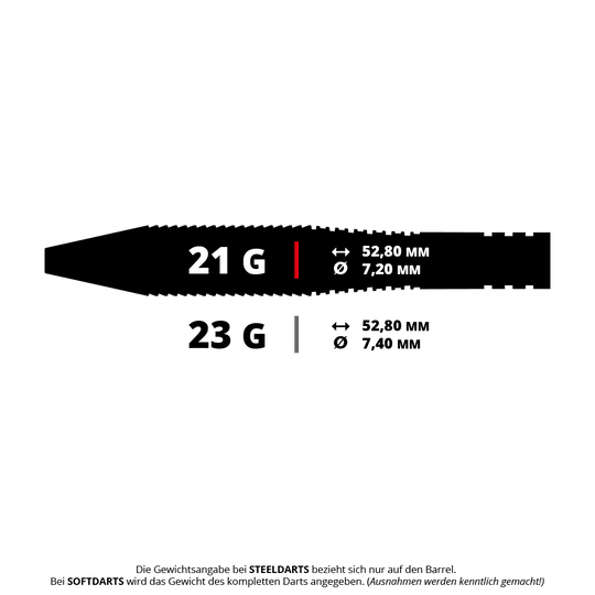 Stalowe lotki Bulls Martin Schindler TW80 Das Bild zeigt die Gewichts- und Maßangaben zweier Steeldarts mit 21 Gramm und 23 Gramm. Beide Darts sind 52,80 mm lang, der Durchmesser beträgt 7,20 mm bzw. 7,40 mm.