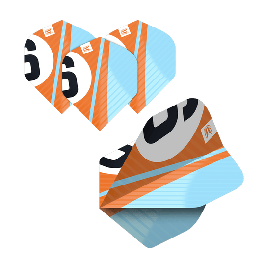 337204_Target_ProUltra_5Sets_Multipack_Chicane_No2_Standard_Flights_43K0AetR7xqsvN Das Bild zeigt die "Target Pro Ultra Chicane Multipack No2 Standard Flights" in einem Set mit 5 Stück. Die Flights sind in Orange, Blau und Schwarz gestaltet und tragen eine große "6" als Designelement.