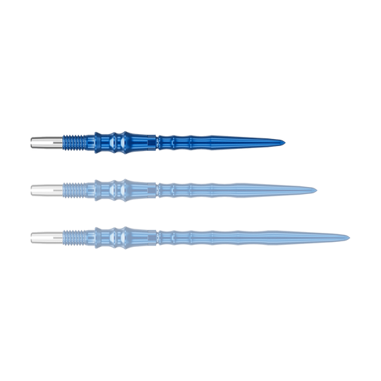 Końcówki do lotek Target Japan Premium Swiss Point – niebieskie Das Bild zeigt ein einzelnes, blaues Dartspitze. Die Spitze ist 30 mm lang.