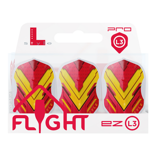 L-Style V-Series V1 Typ A Hiszpania Przezroczysta Biel L3EZ Loty Das Bild zeigt eine Packung mit drei Dart-Flights der Marke L-Style in den Farben Rot und Gelb. Auf der Verpackung steht „FLIGHT ez L3“ und oben rechts ist das Pro L3-Logo zu sehen.