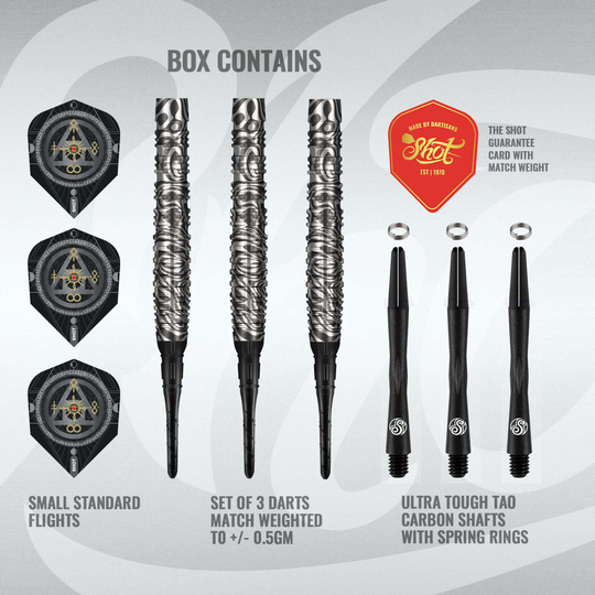 Shotki Runstel Soft Darts firmy Shot Alchemy - 20 g Zu sehen sind die Shot Alchemy Runstel Softdarts mit einem Gewicht von 20g. Sie bieten hohe Präzision und Spielkomfort.
