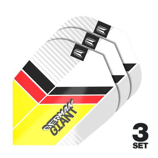 Lotki Target Pro Ultra Gabriel Clemens No6 – 3 zestawy Auf dem Bild sind drei Sätze Dart-Flights mit dem Design "German Giant" in den Farben Gelb, Rot, Schwarz und Weiß zu sehen. Unten rechts steht "3 Set", was auf drei enthaltene Sets hinweist.