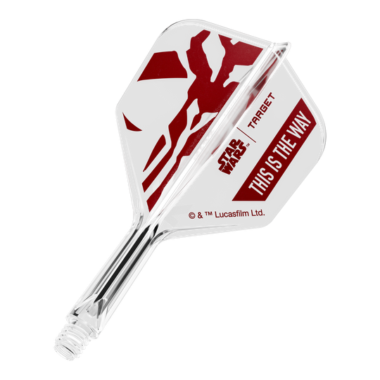 Zestaw Target Star Wars K-Flex Mandalorian No6 Flights Das Bild zeigt ein Star Wars Motiv mit der Aufschrift 'This Is The Way'. Es handelt sich um einen No6 Dart-Flügel in 19 mm Größe.