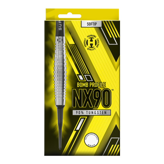 Harrows NX90 Bomb Soft Darts Die Verpackung zeigt die "Harrows NX90 Bomb Softdarts" mit einem auffälligen gelb-schwarzen Design. Auf der Vorderseite steht, dass die Darts aus 90% Tungsten bestehen und eine Bombenform haben.