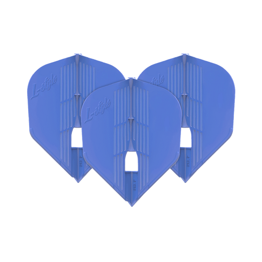 Loty KAMI L3PRO w stylu L Das Bild zeigt drei blaue Dartflights der Marke L-Style. Sie sind nebeneinander aufgereiht und haben eine moderne, strukturierte Oberfläche.