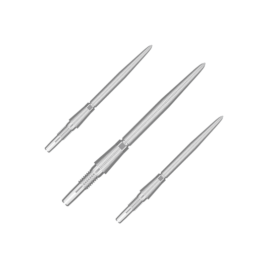 Target Swiss Storm Nano Point Dartspitzen - Silber Auf dem Bild sind drei silberne Dartspitzen abgebildet. Sie sind aus Metall und haben eine schlanke, geriffelte Form.