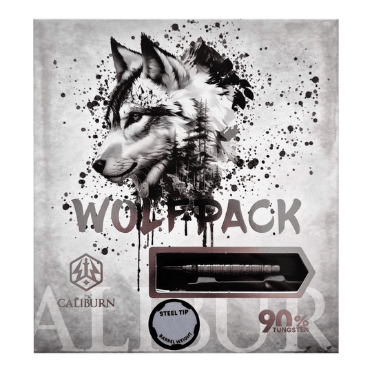 Abgebildet ist das Produkt Caliburn Wolfpack W5 Steeldarts - 22g. Es handelt sich um hochwertige Steeldarts für Präzisionswürfe.