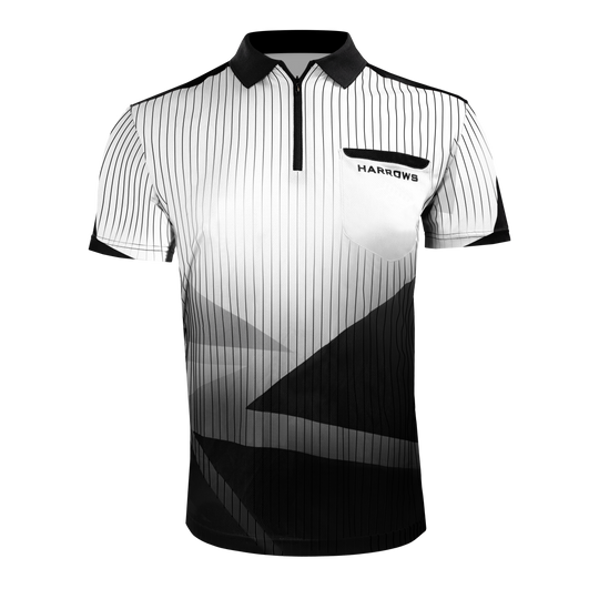 Harrows Shard Dartshirt - Weiß Das Bild zeigt das Harrows Shard Dartshirt in Weiß mit feinen schwarzen Streifen und modernen geometrischen Mustern. Auf der Brust befindet sich eine Tasche mit dem Schriftzug "Harrows".