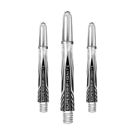 Das Bild zeigt drei klare Harrows Supergrip Ignite Shafts für Dartpfeile. Die Shafts sind durchsichtig mit schwarzem und silbernem Aufdruck.