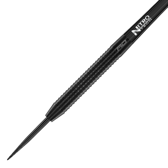 Red Dragon Razor Edge Czarne stalowe rzutki Das Bild zeigt einen Red Dragon Razor Edge Black Steeldart. Der Dart ist schwarz und hat eine gerillte Griffzone für besseren Halt.