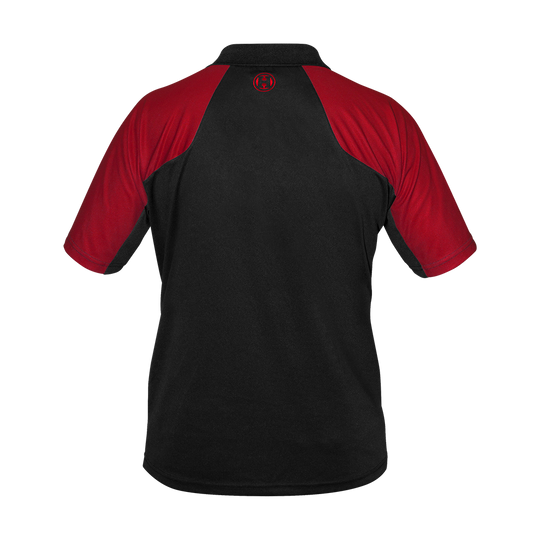 17416-Harrows-Vivid-Dartshirt-Black-Red-2vZx48MEm4REEL Das Bild zeigt ein Dartshirt in den Farben Schwarz und Feuerrot. Die Rückseite des Shirts ist überwiegend schwarz mit roten Ärmeln und Schultern.