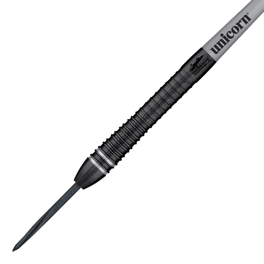 Mistrz Świata Jednorożców Gary Anderson Noir Phase 6 Steeldarts Das Bild zeigt einen Steeldartpfeil aus der Serie "Unicorn World Champion Gary Anderson Noir Phase 6". Der Dartpfeil ist schwarz mit silbernen Akzenten und trägt das "Unicorn"-Logo.