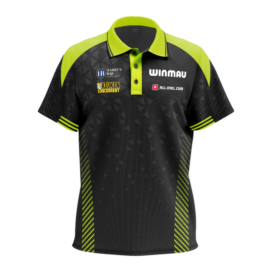 Das Bild zeigt das Winmau Michael Van Gerwen Stage Poloshirt. Das Shirt ist im Stil des bekannten Dartspielers gehalten.