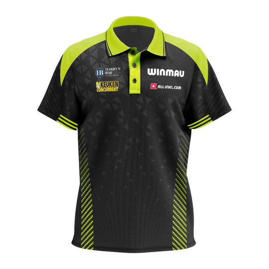 Koszulka polo Winmau Michael Van Gerwen Stage Das Bild zeigt das Winmau Michael Van Gerwen Stage Poloshirt. Das Shirt ist im Stil des bekannten Dartspielers gehalten.