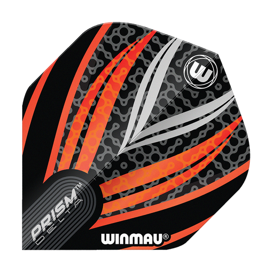 Winmau Prism Delta Czarno-Biało-Pomarańczowy Nr 2 Standardowe Loty Das Bild zeigt ein Dart-Flight der Marke Winmau mit dem Namen "Prism Delta Schwarz Weiß Orange No2 Standard Flights". Das Design besteht aus schwarzen, weißen und orangefarbenen Streifen mit einem modernen Muster.