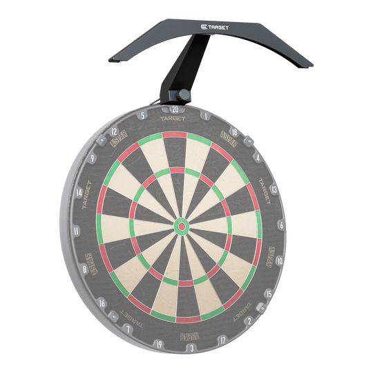 Oświetlenie tarczy do darta Target ARC V2 Das Bild zeigt eine Dartscheibe mit der Target ARC V2 Dartboard Beleuchtung darüber. Die Beleuchtung sorgt für eine gleichmäßige Ausleuchtung der gesamten Spielfläche.
