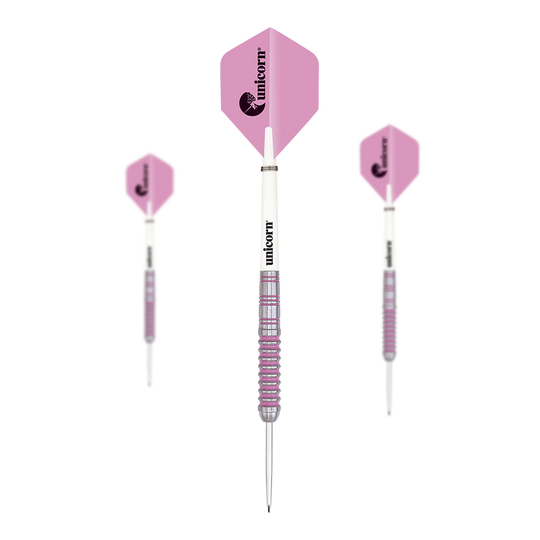 Autograf Jednorożca Steeldarts Das Bild zeigt drei Unicorn Autograph Steeldarts mit rosa Flights. Die Darts haben eine weiße Mitte und einen geriffelten, silber-rosa Schaft.