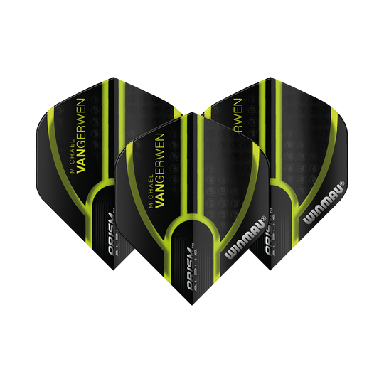 6915-143_Winmau_Prism_Alpha_MvG_Black_Green_V1_Standard_Flights_1dQZFRZdLARkiM Das Bild zeigt drei schwarze und grüne Dartflights mit dem Aufdruck "Michael van Gerwen" und "Winmau". Es handelt sich um das Produkt "Winmau Prism Alpha MvG Black Green V1 Standard Flights".