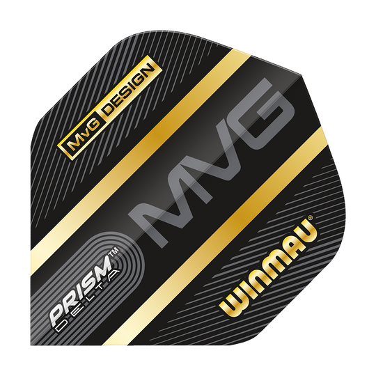 6915-238_Winmau_Prism_Delta_MvG_Standard_Flights_1iJtg109t2yJ9H Das Bild zeigt ein Winmau Prism Delta MvG Standard Flight für Darts. Das Flight ist schwarz mit goldenen Streifen und den Aufschriften „MVG“, „PRISM DELTA“ und „WINMAU“.