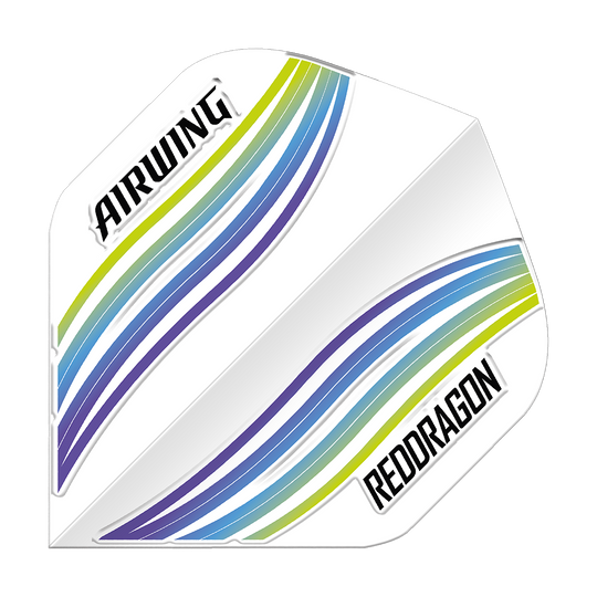 Standardowe loty Red Dragon Airwing Blue Wave Das Bild zeigt das Produkt "Red Dragon Airwing Blue Wave Standard Flights". Es hat ein weißes Design mit blauen, grünen und violetten Wellenlinien sowie den Aufschriften "AIRWING" und "REDDRAGON".