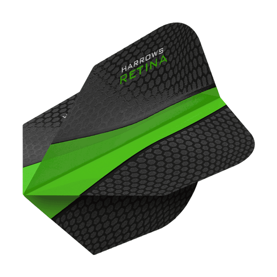 HR5508_Harrows_Retina_Gr-n_No2_Standard_Flights_2 Das Bild zeigt ein Dartflight mit dem Produktnamen "Harrows Retina Grün No6 Flights". Das Flight ist schwarz mit einer grünen Linie und einer wabenartigen Struktur.