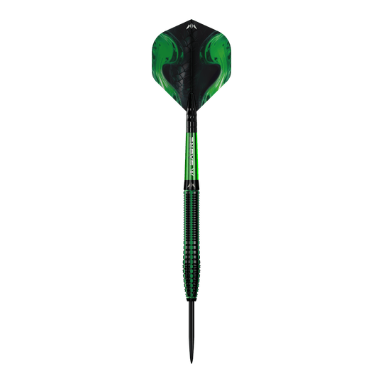 Stalowe rzutki Mission Venom Das Bild zeigt einen Mission Venom Steeldart mit einem auffälligen, grünen Design. Der Schaft und die Flights haben ein modernes Muster, das an Schlangenhaut erinnert.