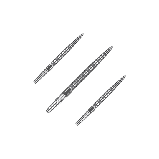 Das Bild zeigt drei silberne Dartspitzen mit einem rautenförmigen Muster. Sie sind nebeneinander auf einem neutralen Hintergrund angeordnet.