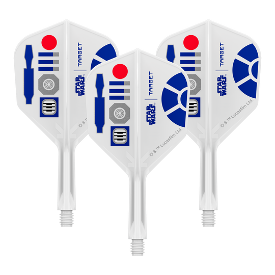 Abgebildet sind Dart-Flights mit Star Wars R2D2 Motiv und dem Dateinamen 410510_Target_StarWars_KFlex_R2D2_No6_Flights_Short_19mm_1Set. Es handelt sich um ein Set kurzer Dart-Flights.