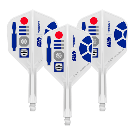 Target Star Wars K-Flex R2D2 No6 Flights Abgebildet sind Dart-Flights mit Star Wars R2D2 Motiv und dem Dateinamen 410510_Target_StarWars_KFlex_R2D2_No6_Flights_Short_19mm_1Set. Es handelt sich um ein Set kurzer Dart-Flights.