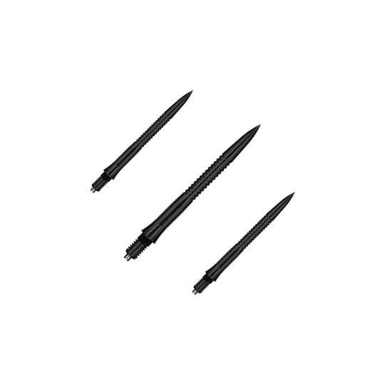 Końcówki do lotek Caliburn EZ-EVO – rowkowane – czarne Das Bild zeigt ein Set EVO201 Caliburn EZ-EVO Dartspitzen mit Rillen in Schwarz, jeweils 28 mm lang. Das Set ist ideal für Dartliebhaber und Vielspieler.