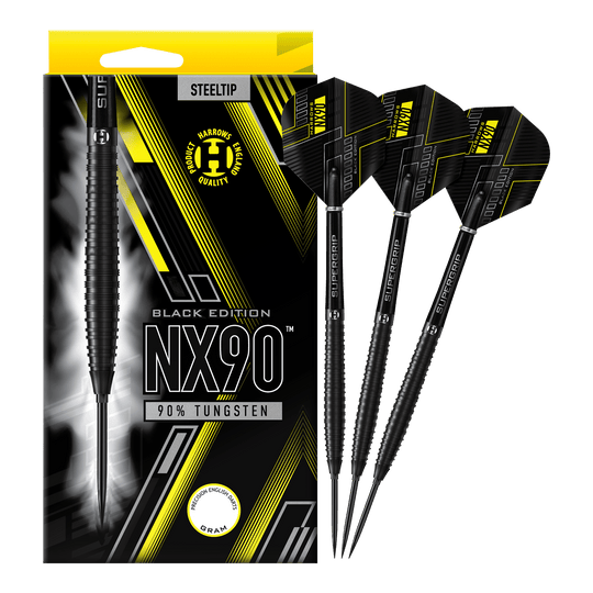 Abgebildet sind die Harrows NX90 Black Edition Tapered Quick Point Steeldarts. Die schwarzen Steeldarts haben eine schlanke, konische Form.