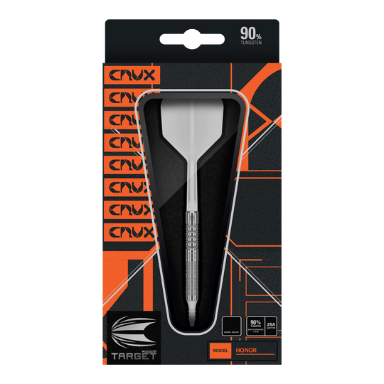 Die Abbildung zeigt das Produkt "Target Japan Crux Honor Softdarts - 18,5g" in seiner Verpackung. Der Dartpfeil besteht zu 90% aus Tungsten und ist für Softdart geeignet.